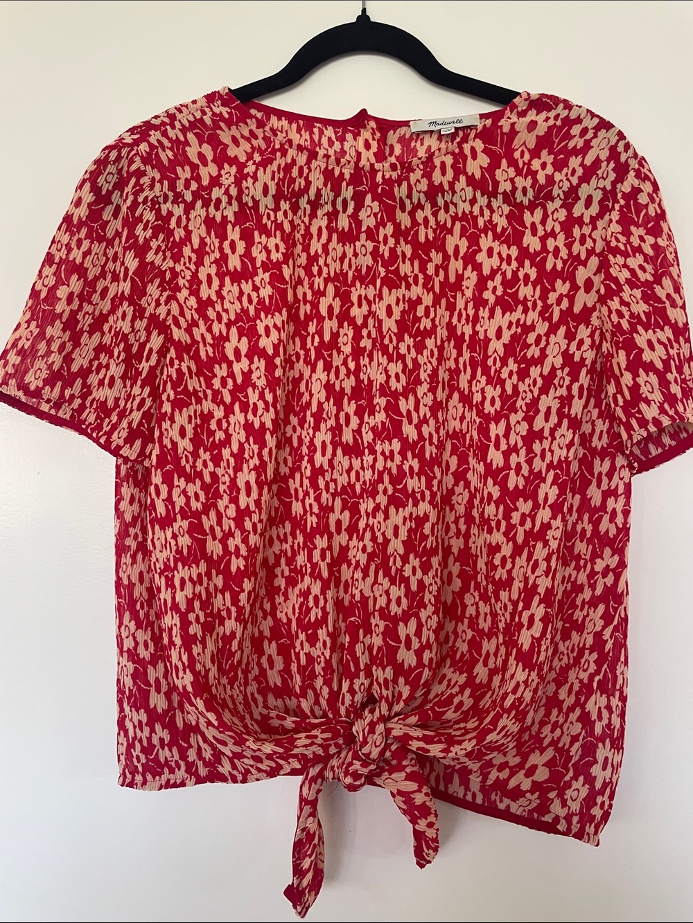 Madewell Red and Cream Floral Tie-Hem Blouse